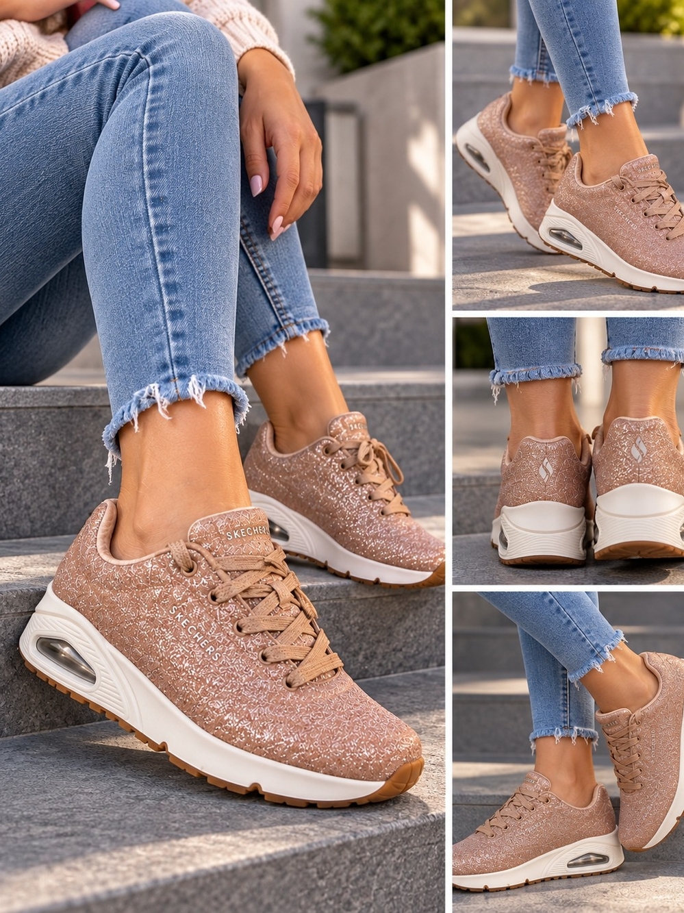 Skechers Women's Glitter Lace-Up Platform Sneakers - Rose Gold